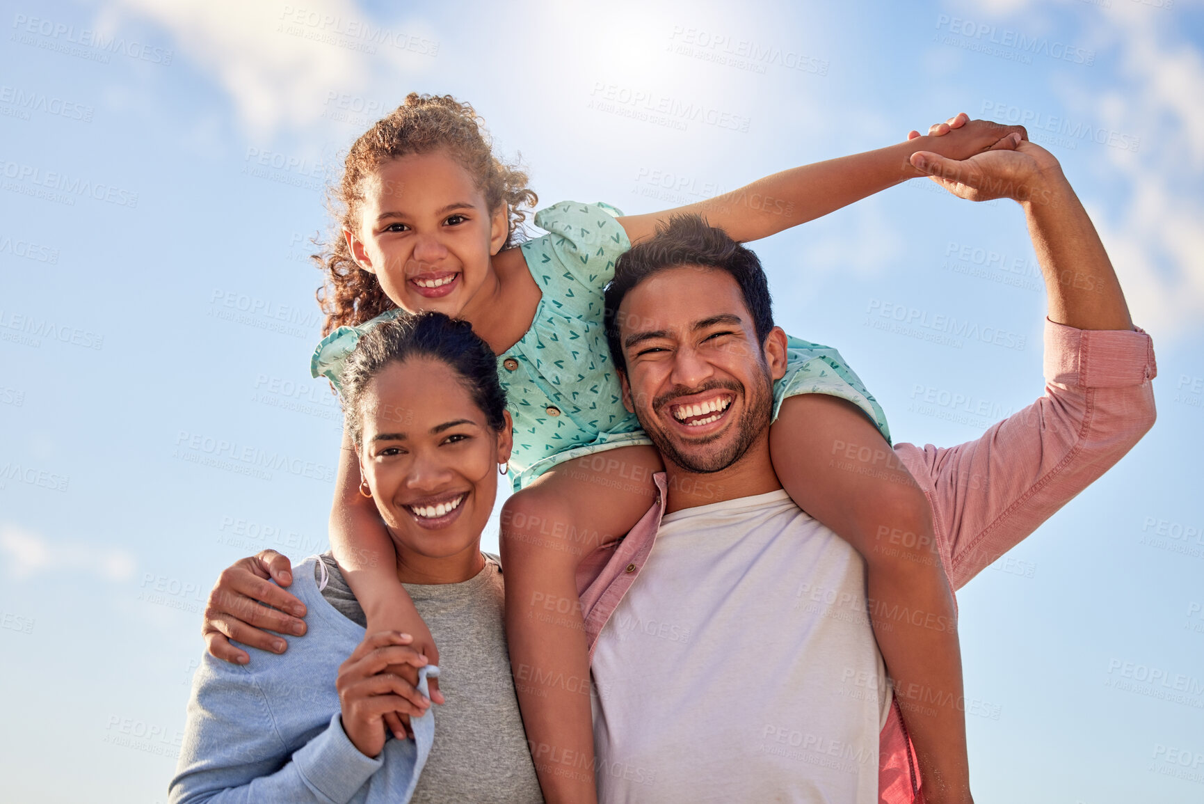 Buy stock photo Happy family, environment and support in portrait for holiday or travel, relax in Mexico with girl. Mom, dad and kid in nature for vacation with sky adventure, love in outdoor with solidarity