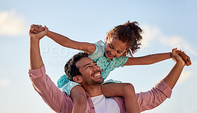 Buy stock photo Father, kid and piggy back with blue sky or support with happiness, man with daughter in Mexico holiday. Dad, female child and shoulder ride for vacation with adventure or freedom, smile and bonding