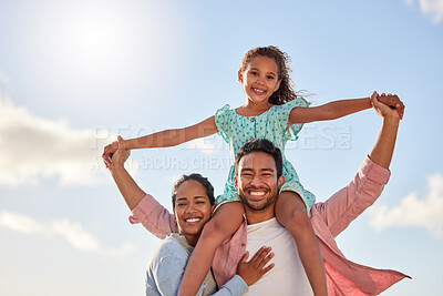 Buy stock photo Happy family, outdoor and support in portrait for holiday or travel, piggy back in Mexico with girl. Mom, dad and kid in nature for vacation with sky adventure, freedom in environment with solidarity