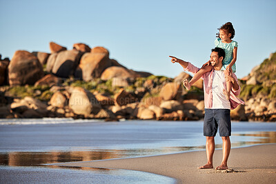 Buy stock photo Father, walking and girl on shoulder at beach in summer for relax, travel and holiday in Miami with smile. Man, child and pointing at ocean with carrying kid for vacation, trust and bonding by water