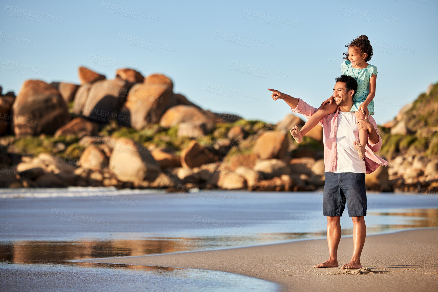 Buy stock photo Father, walking and girl on shoulder at beach in summer for relax, travel and holiday in Miami with smile. Man, child and pointing at ocean with carrying kid for vacation, trust and bonding by water