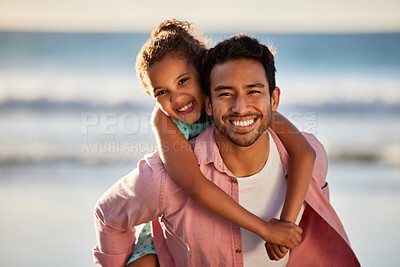 Buy stock photo Father, girl and piggy back by beach or portrait with smile, man with daughter in Mexico holiday. Dad, female kid and ocean for vacation with adventure, freedom or outdoor happiness with bonding