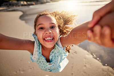 Buy stock photo Shot of a little girl having fun at the beach