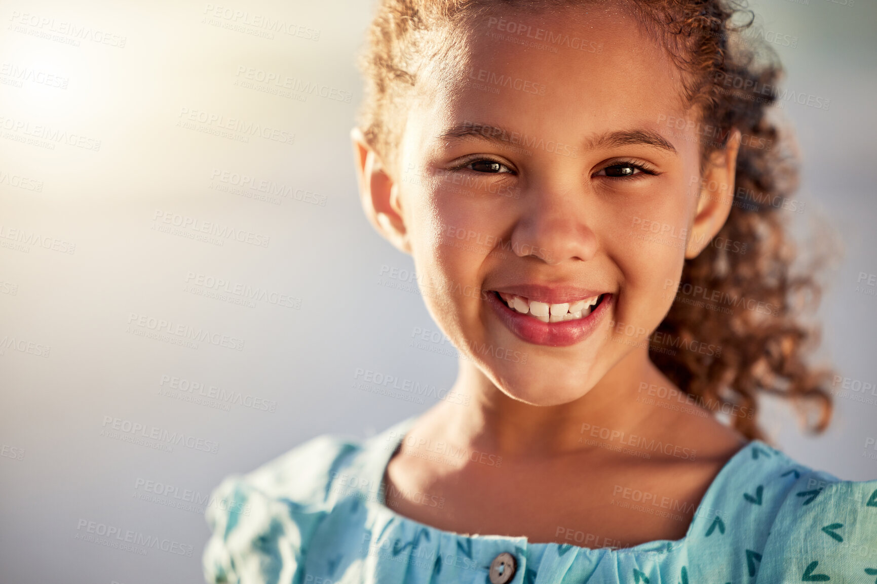 Buy stock photo Child, portrait and happiness on outdoor vacation or holiday with smile, fun and summer travel. Sky, proud girl and face of confident female kid alone to relax for adventure and playing in nature