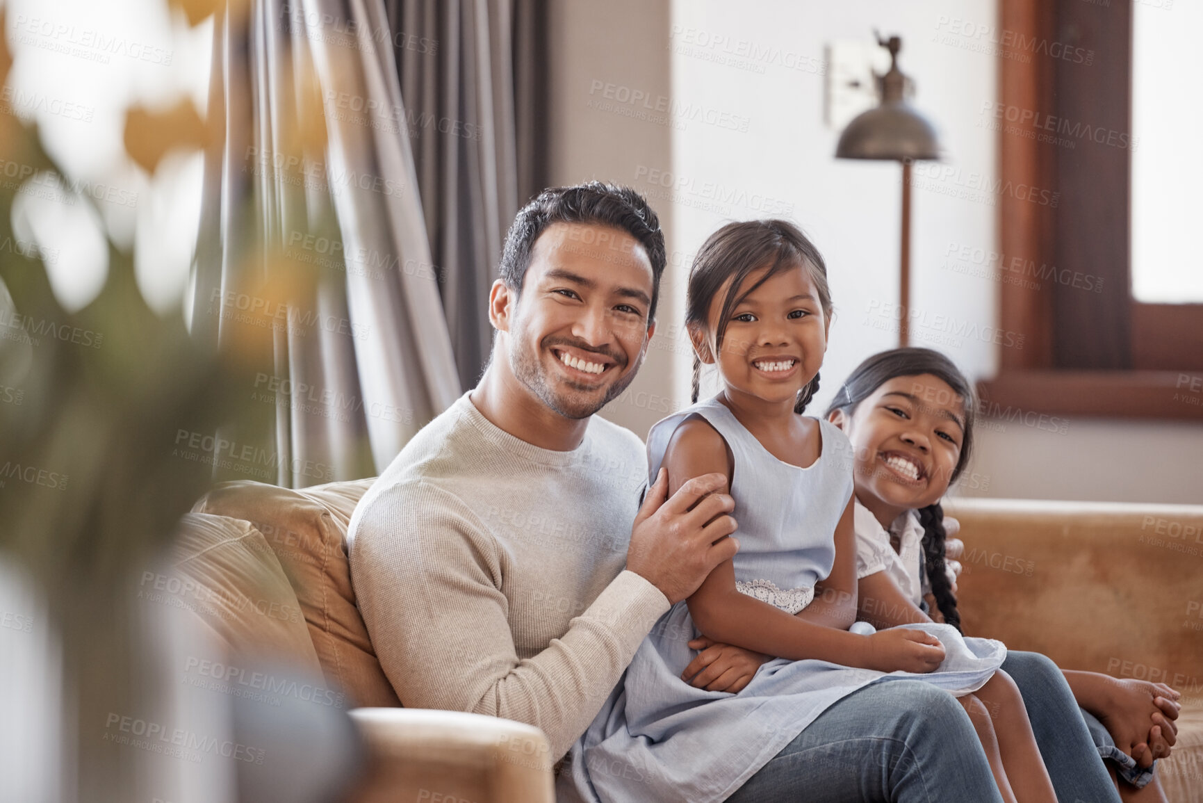 Buy stock photo Portrait, girls and father with happy kids on sofa for love, care or family bonding together. Smile, dad and sisters in home living room for relax, connection or relationship of parent with daughters