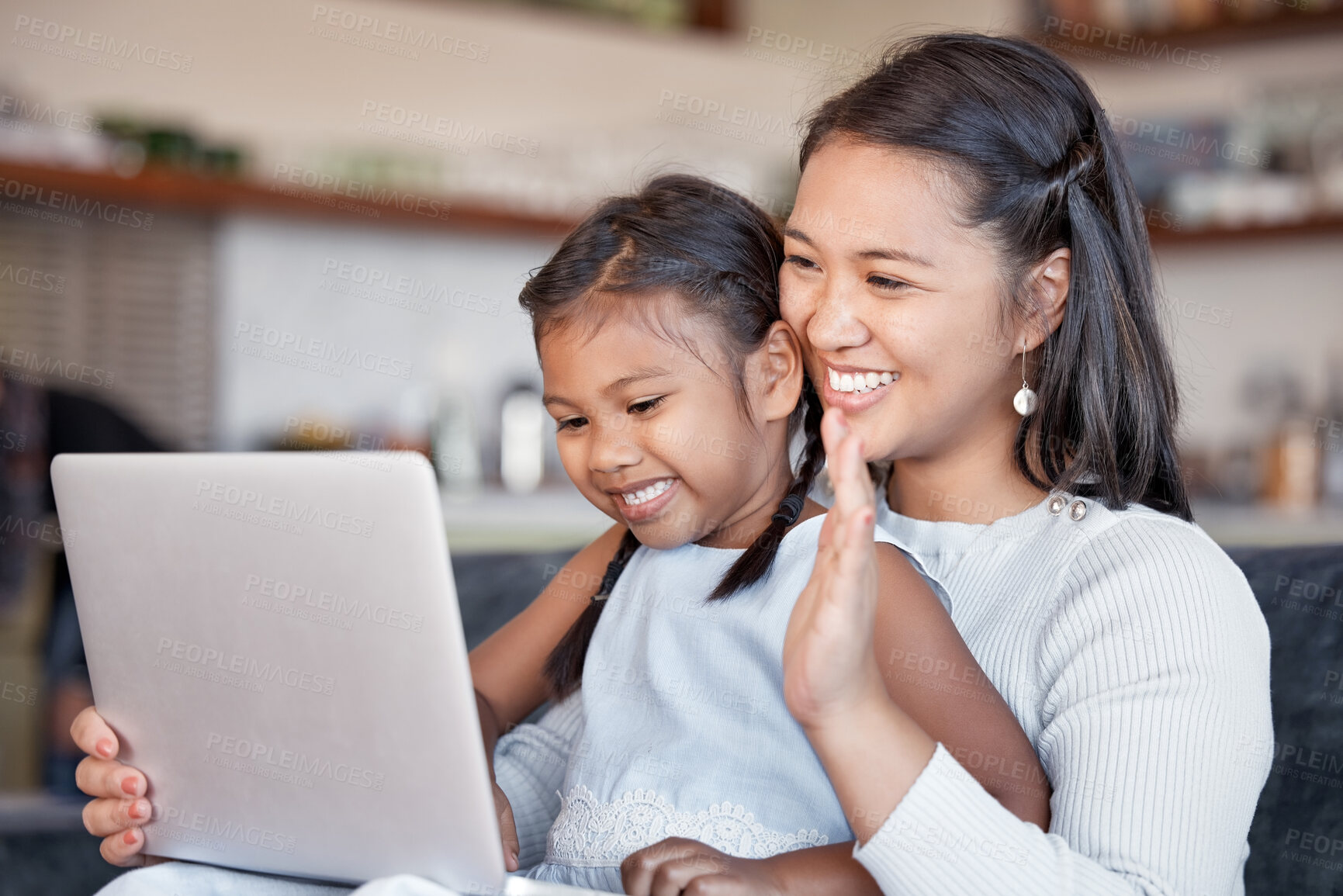 Buy stock photo Mom, girl and home with tablet for video call on sofa with smile for communication and networking. People, parent and kid with happiness or waving for greeting in living room with bonding and fun