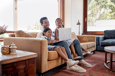 Buy stock photo Laptop, laughing and movie with family on sofa in living room of home together for bonding or entertainment. Computer, series or subscription service with single father and children in apartment