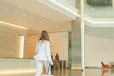 Buy stock photo Business woman, travel for work and suitcase for corporate conference or company retreat. Worker back view, walking and professional trip with luggage, ready for business travel and seminar.