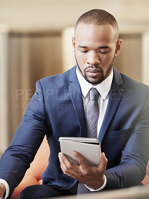 Buy stock photo Business man, tablet and digital reading of a employee working on ceo growth and data. Office manager planning on technology looking at worker website schedule and corporate boss management 