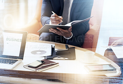 Buy stock photo Business meeting, writing and business people on laptop with mockup screen in office for planning, finance and discussion. Business, team and digital marketing meeting with space for online strategy