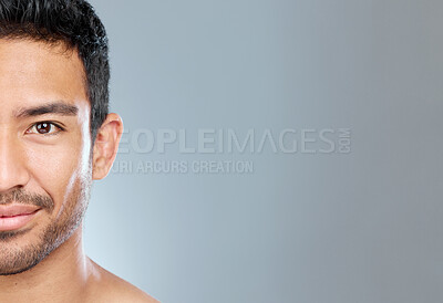 Buy stock photo Beauty, dermatology and half portrait of man in studio on gray background for cosmetic wellness. Grooming, natural and skincare with face of confident person on mockup space for hydration or hygiene