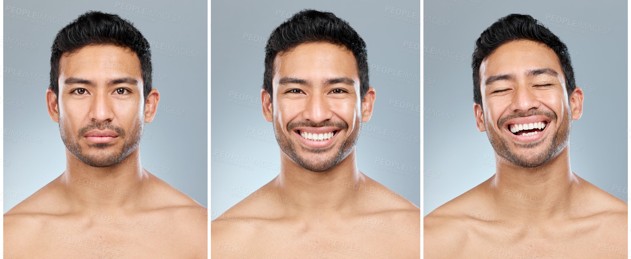 Buy stock photo Asian man, portrait and collage with skincare for grooming, satisfaction or facial treatment on a studio background. Face of attractive, handsome or male person with smile for cosmetics in composite