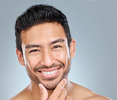 Buy stock photo Grooming, portrait and skincare with masculine man in studio on gray background for cosmetic wellness. Beauty, dermatology and natural with face of happy person in bathroom for hydration or hygiene