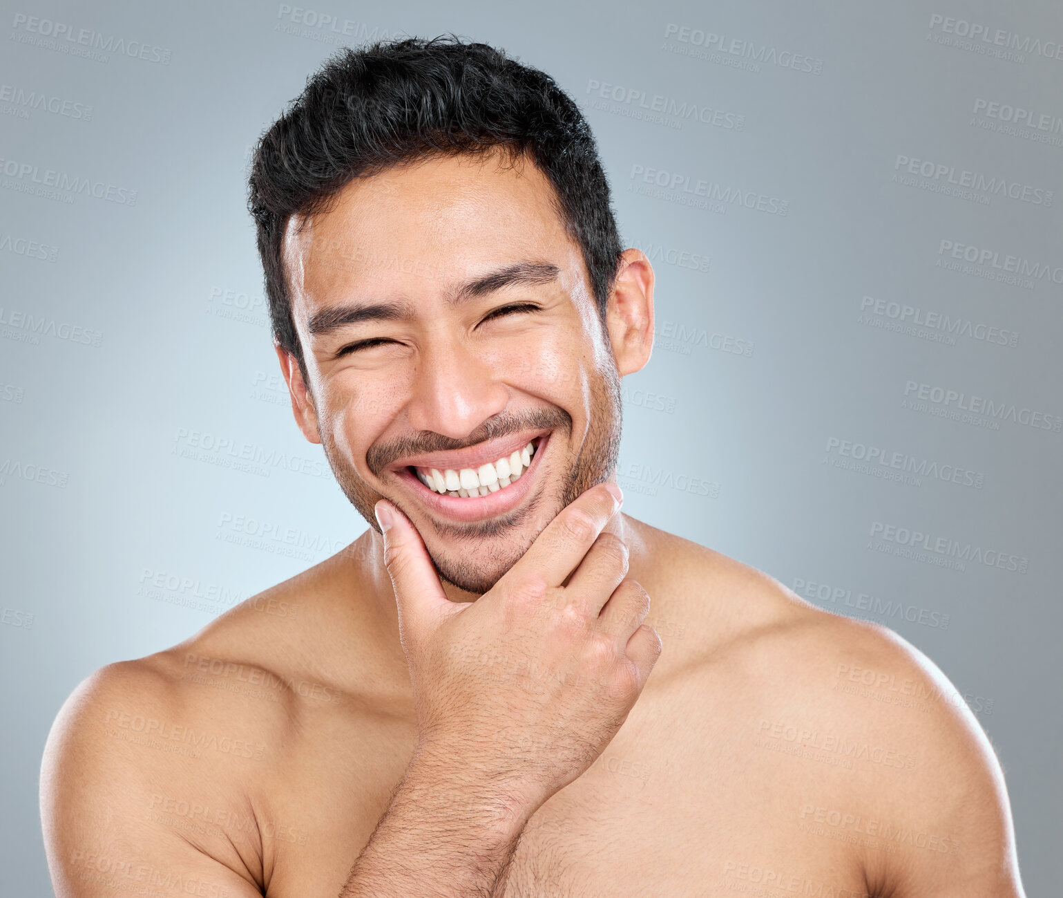 Buy stock photo Beauty, grooming and smile with portrait of man in studio on gray background for cosmetic wellness. Dermatology, masculine and skincare with face of happy person in bathroom for hydration or hygiene