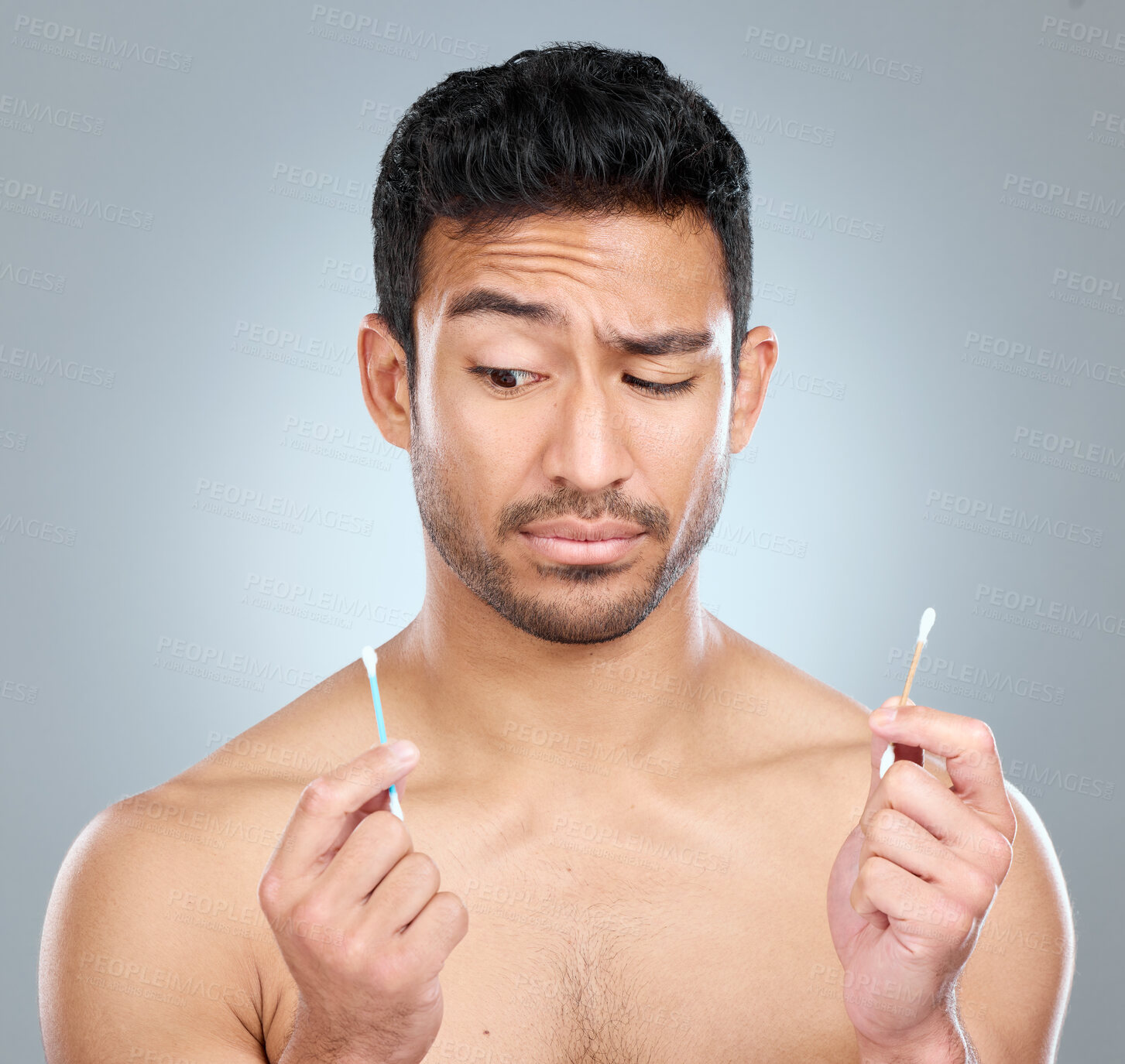 Buy stock photo Man, thinking and earbuds for cleaning, selfcare and grooming on white background. Choice, product and plastic or bamboo for option, male person and sustainability for recycling and reduce pollution