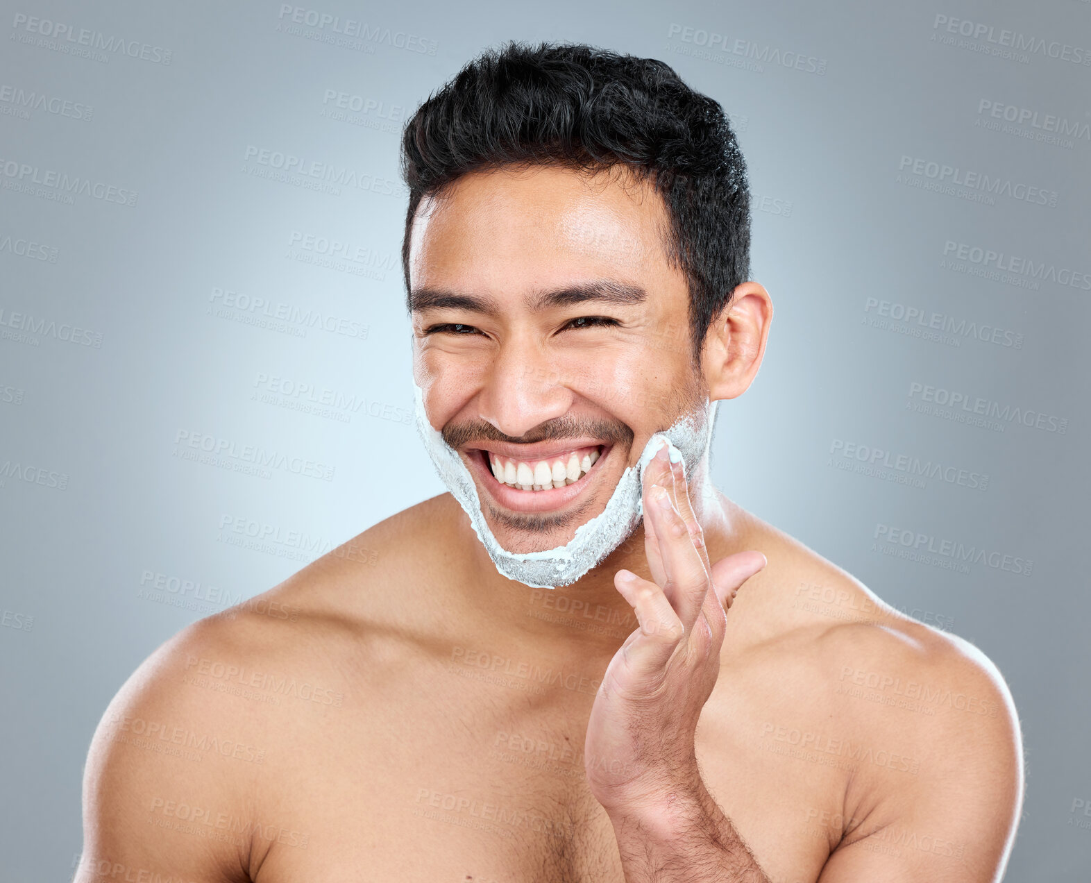 Buy stock photo Beauty, grooming and shaving with portrait of man in studio on gray background for cosmetic wellness. Dermatology, natural or skincare and face of happy person with foam for hair removal or hygiene