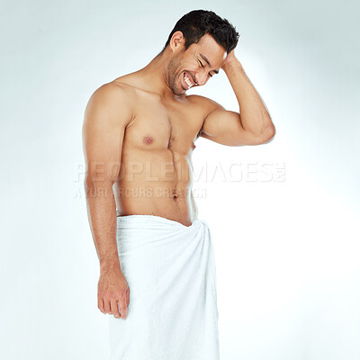 Buy stock photo Cleaning, towel and happy fitness man in studio for wellness, hygiene or body care routine on white background. Shower, grooming or muscular Japanese male model with pamper, cosmetics or treatment