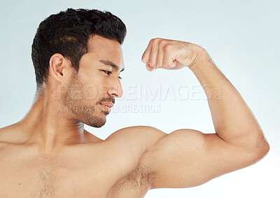 Buy stock photo Fitness, asian man and bicep flex in studio for wellness, training or workout results on white background. Profile, exercise and Japanese male model with strong arm pose for strength or muscle growth