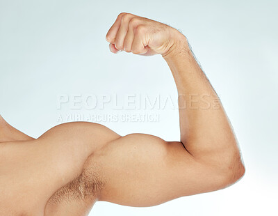 Buy stock photo Fitness, bicep flex and closeup of man in studio for wellness, training or workout results on white background. Body, exercise and male model zoom with strong arm pose for strength or muscle growth