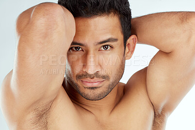 Buy stock photo Skincare, body and portrait of fitness man in studio for wellness, cosmetics or treatment on white background. Beauty, face and muscular model with bicep, flex and smooth skin dermatology results
