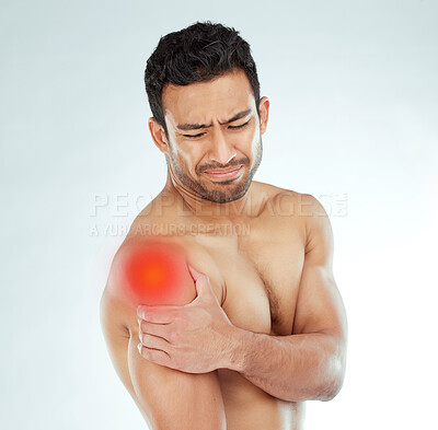 Buy stock photo Shoulder pain, stress and asian fitness man in studio with muscle tension, arthritis or inflammation on white background. Sports, injury and face of Japanese model with fibromyalgia or osteoporosis