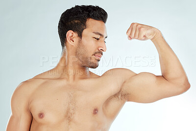 Buy stock photo Fitness, bicep flex and asian man in studio for wellness, training or workout results on white background. Body, exercise and Japanese male model with strong arm pose for strength or muscle growth