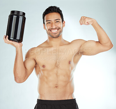 Buy stock photo Fitness, portrait and man with protein or bicep flex in studio for workout, exercise or gain on white background. Product, whey and model face with strong arm for muscle growth or supplement support