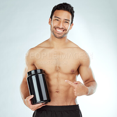 Buy stock photo Face, body and fitness man hand pointing to protein in studio for workout recovery suggestion on white background. Product, whey or nutritionist show Weight loss, muscle growth or supplement support