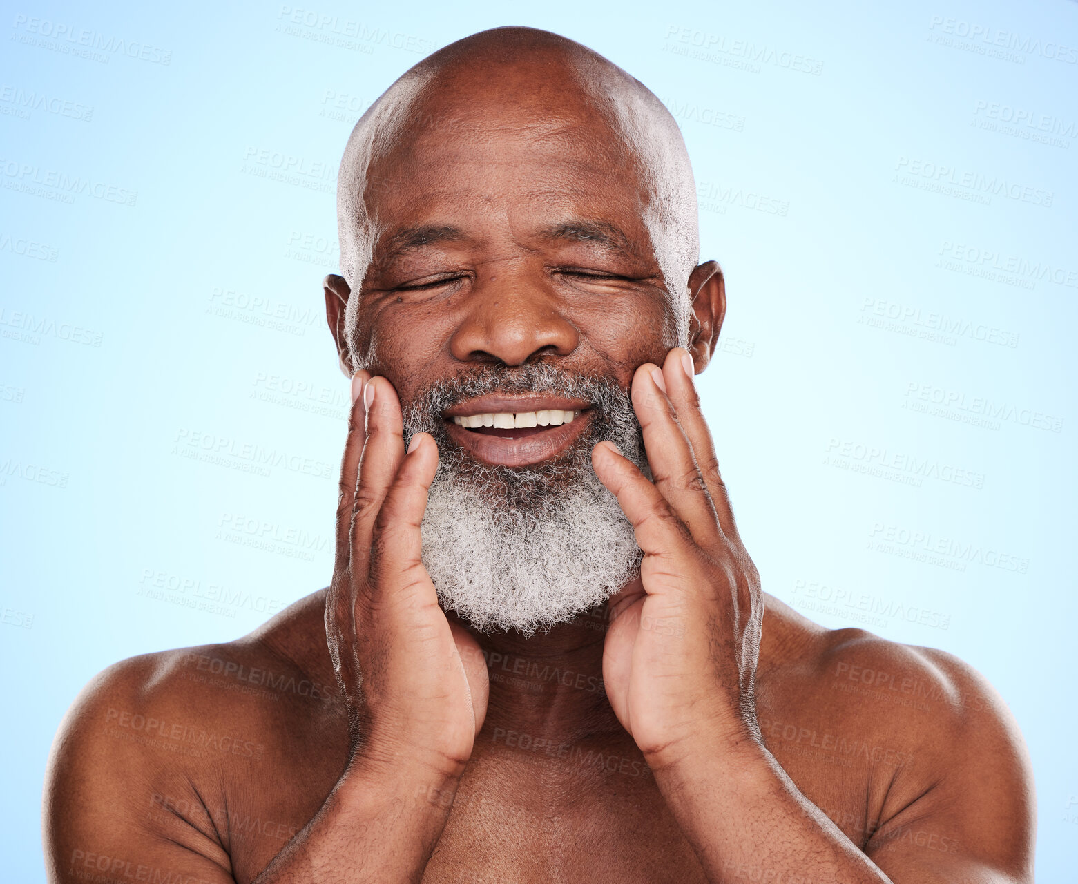 Buy stock photo Happy, skincare and senior African man in studio for dermatology and wellness or hands. Eyes closed, black male person and healthy glow, shine or aesthetic by blue background for retirement or luxury