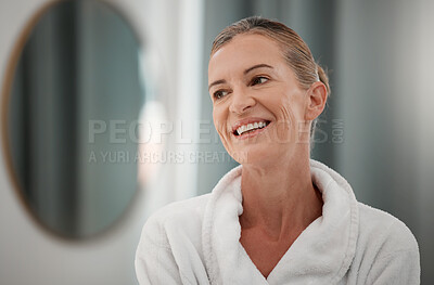 Buy stock photo Spa treatment, mature woman and smile for luxury in massage room, break and relaxing. Female person, gown and skincare at health resort for rest, rejuvenation and therapy for relief and destress