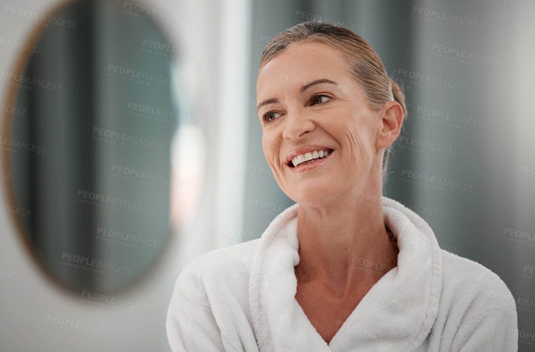 Buy stock photo Spa treatment, mature woman and smile for luxury in massage room, break and relaxing. Female person, gown and skincare at health resort for rest, rejuvenation and therapy for relief and destress