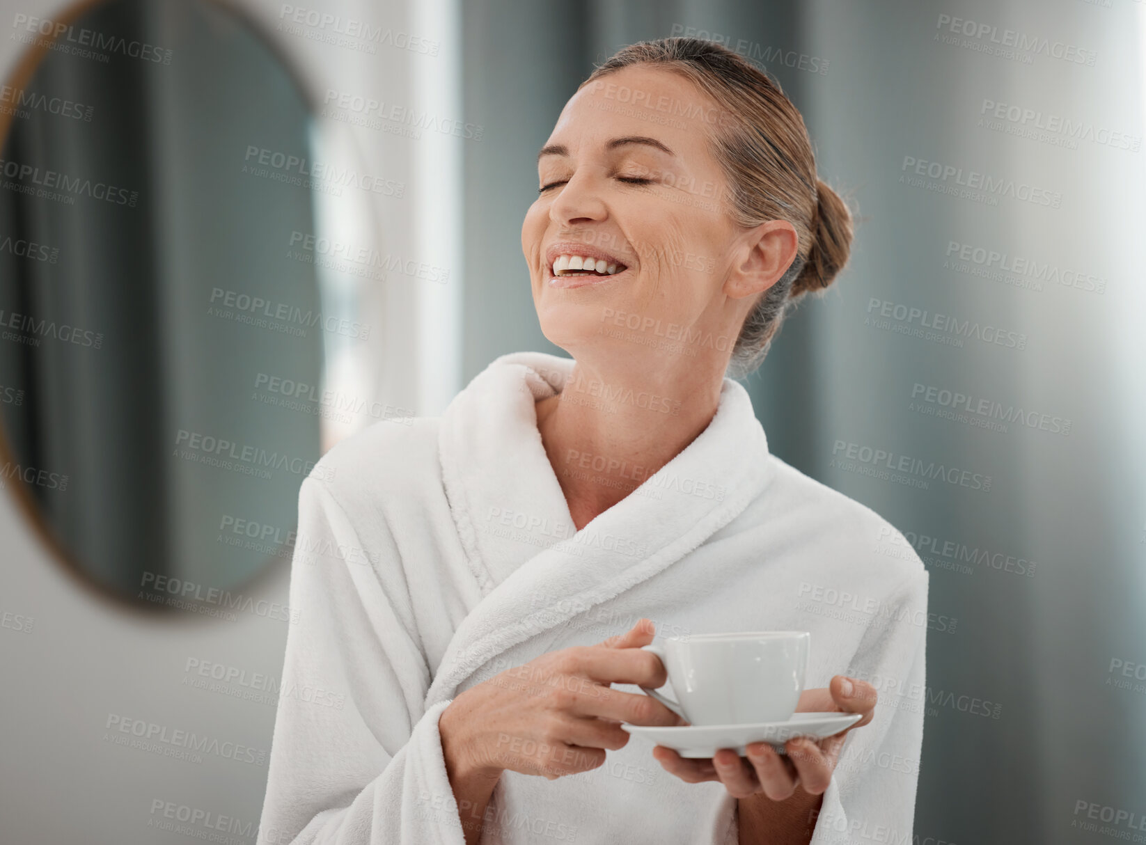 Buy stock photo Spa treatment, mature woman and calm with luxury in massage room, coffee and service. Female person, gown and skincare at health resort for tea, rejuvenation and therapy for peace and destress