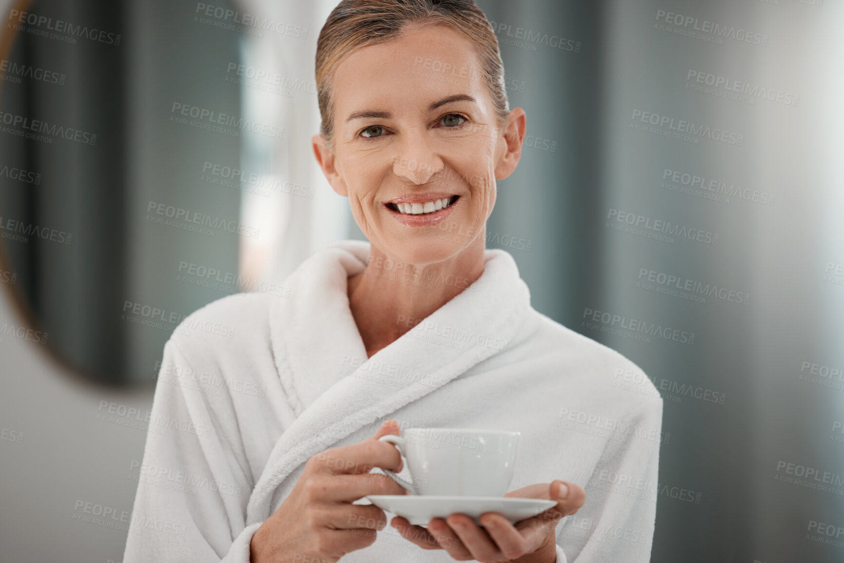 Buy stock photo Spa treatment, mature woman and portrait for luxury in massage room, coffee and service. Female person, gown and skincare at health resort for tea, rejuvenation and therapy for relief and destress