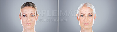 Buy stock photo Composite shot of a before and after of the ageing process of a woman against a grey background