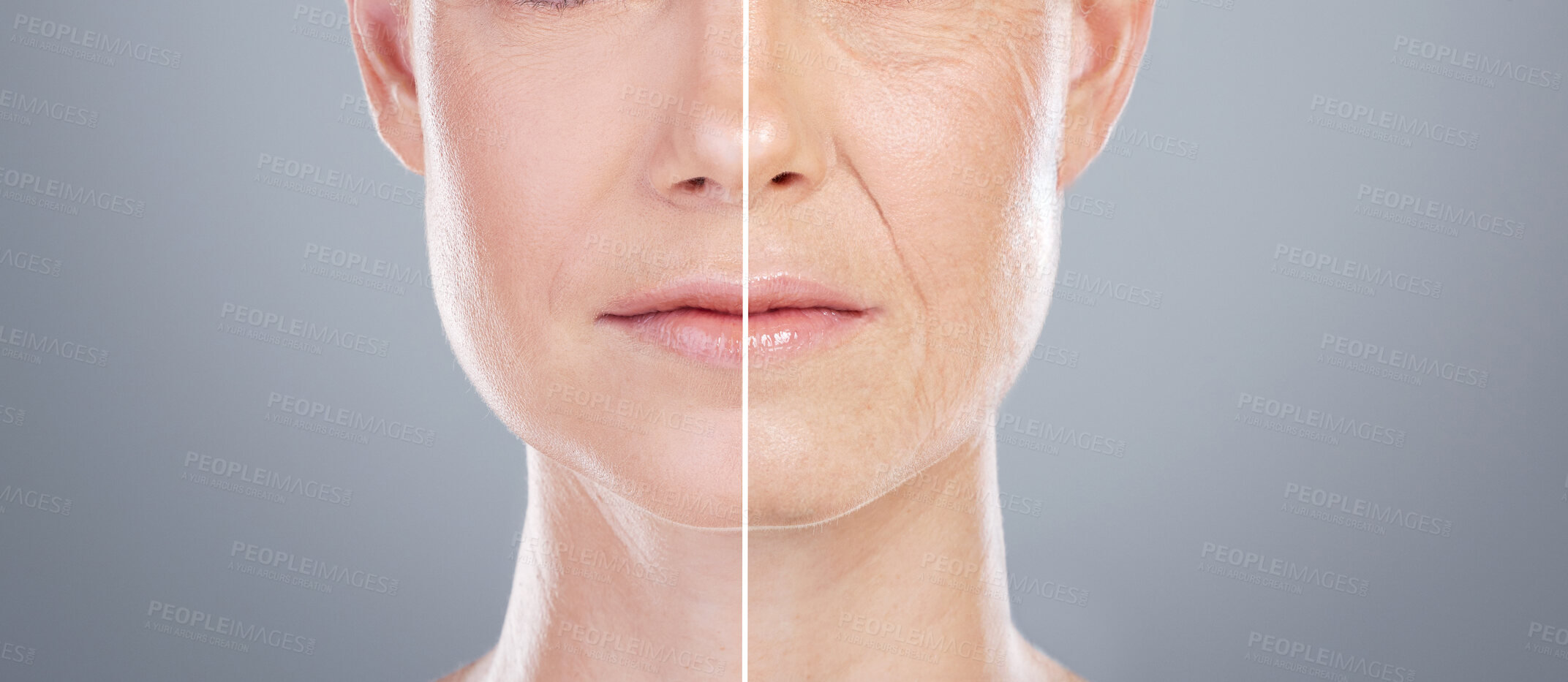 Buy stock photo Studio shot of an unrecognisable woman's face split into two sides against a grey background