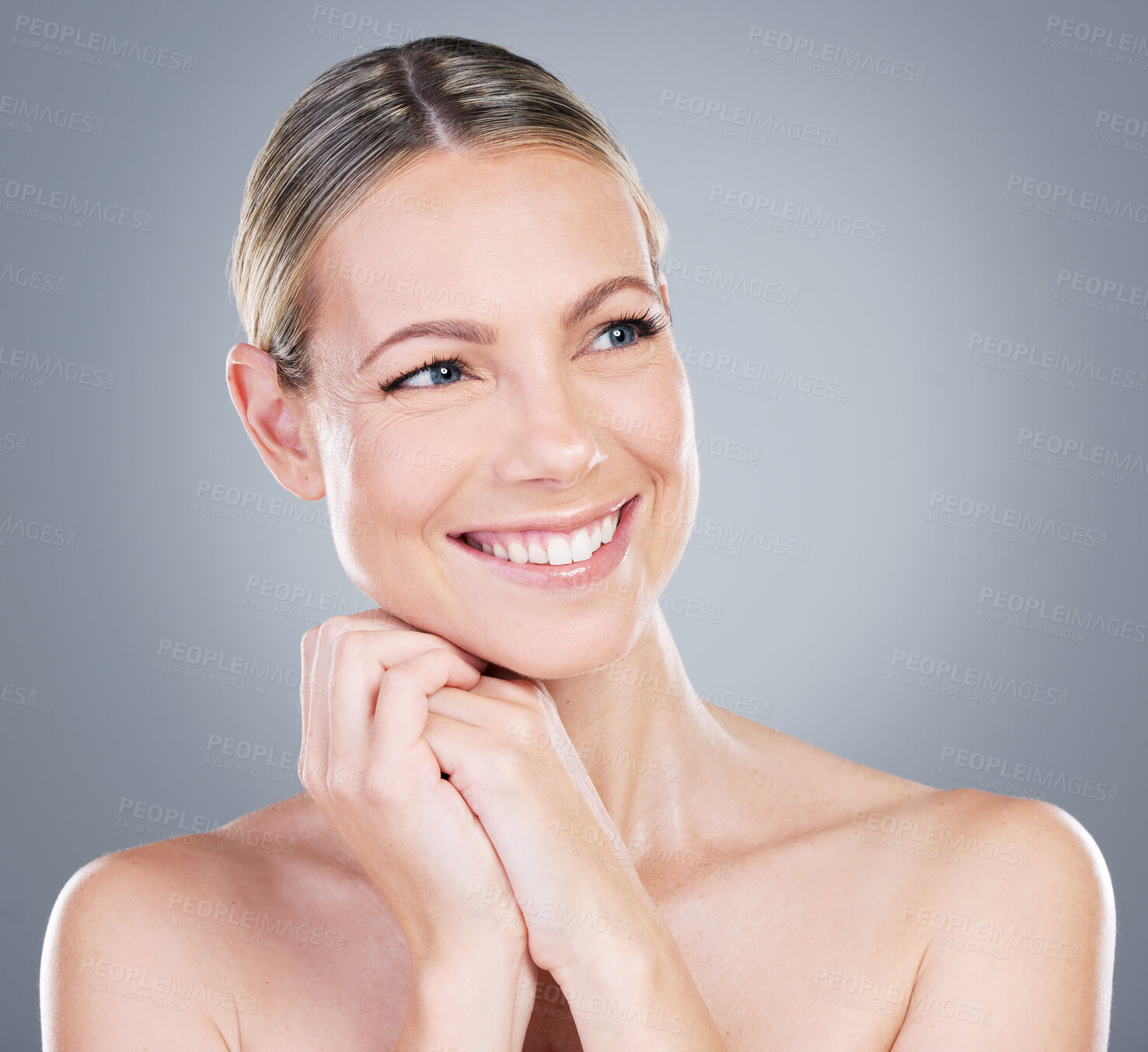 Buy stock photo Studio, idea and face of woman for skincare, wellness and health of tone glow for anti aging. Female model, results and treatment of beauty for cosmetics, thinking and self care by gray background