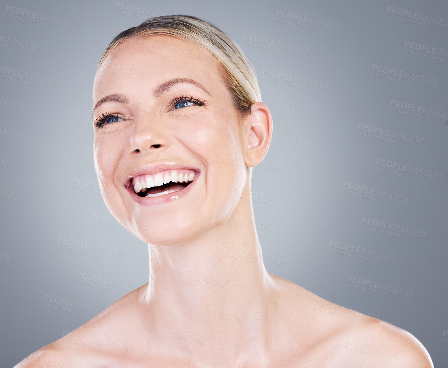 Buy stock photo Studio, face and woman with laugh for skincare, wellness and healthy glow with self care for anti aging. Female model, results and treatment of beauty for cosmetics, think or happy by gray background