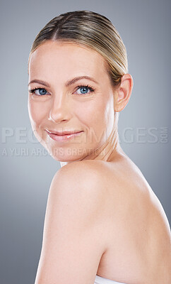 Buy stock photo Studio, treatment and woman in portrait for skincare, wellness and healthy glow for anti aging. Girl model, results and benefits of beauty for cosmetics, smile and self care by gray background