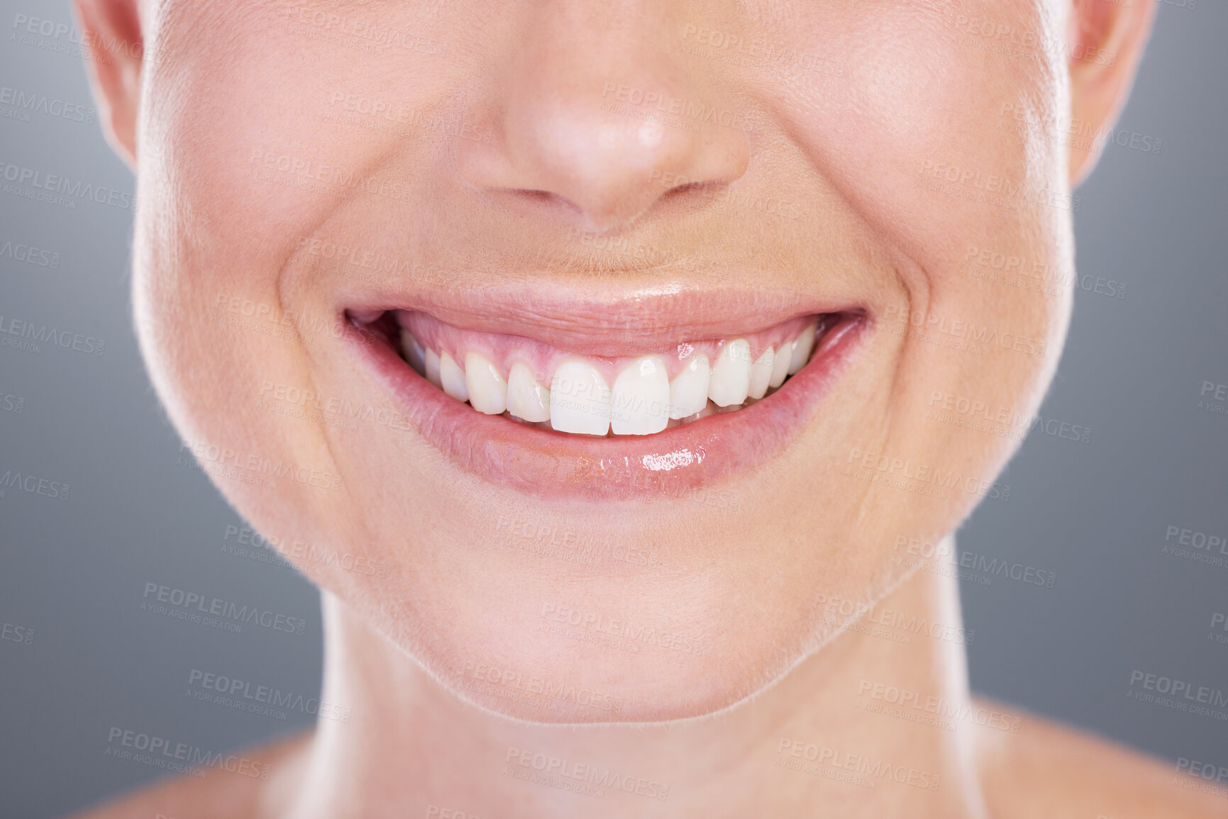 Buy stock photo Woman, smile and oral care in studio for wellness, cosmetics and proud on gray background. Female person, dental health and satisfaction for mouth hygiene, confidence and orthodontics healthcare