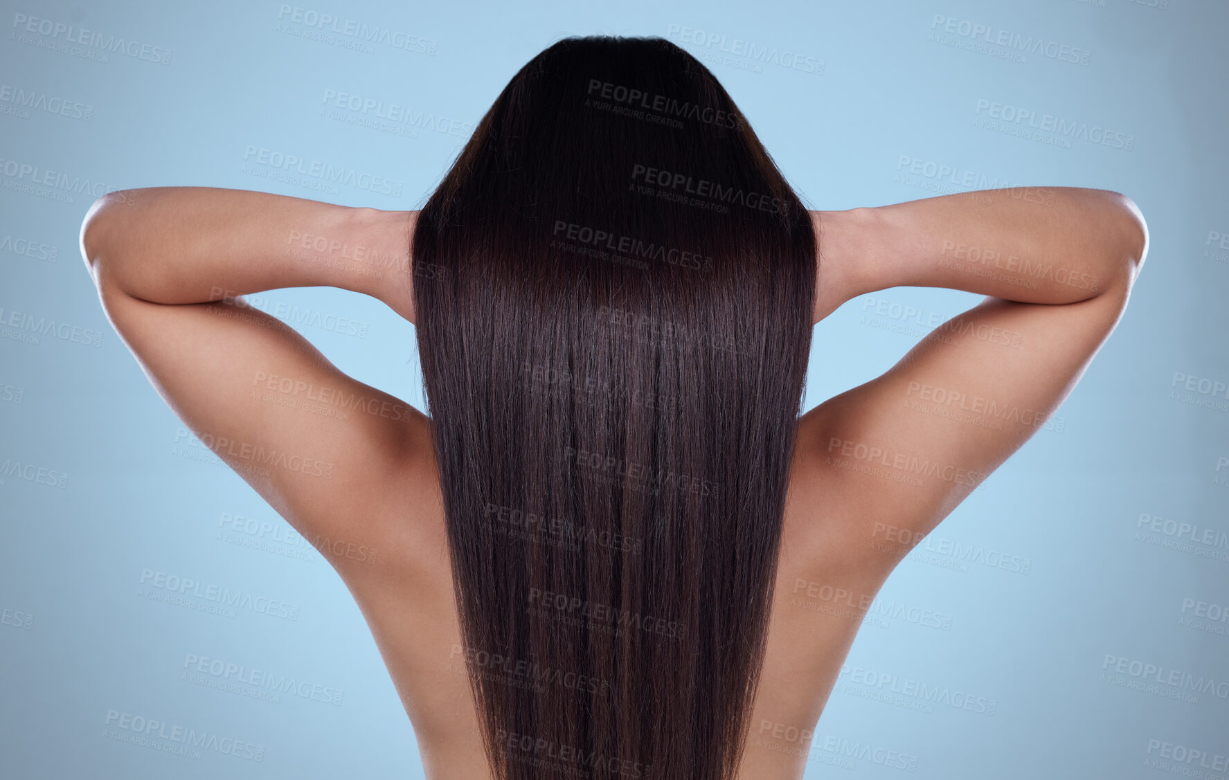 Buy stock photo Beauty, hair and back of woman in studio for haircare, cosmetics or salon products on blue background. Girl, model and touch healthy, natural and glowing texture on head or cosmetic extensions