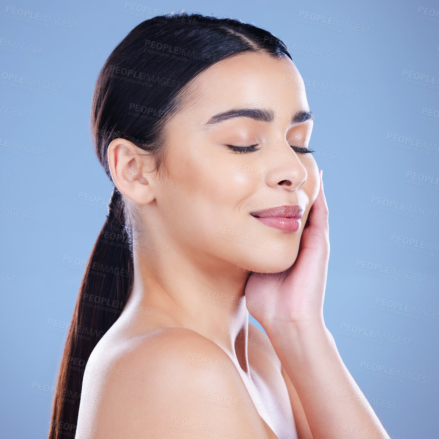 Buy stock photo Woman, smile and eyes closed for skincare in studio on blue background and satisfied with results. Natural, beauty and smile with confidence for transformation, facial and skin treatment or routine