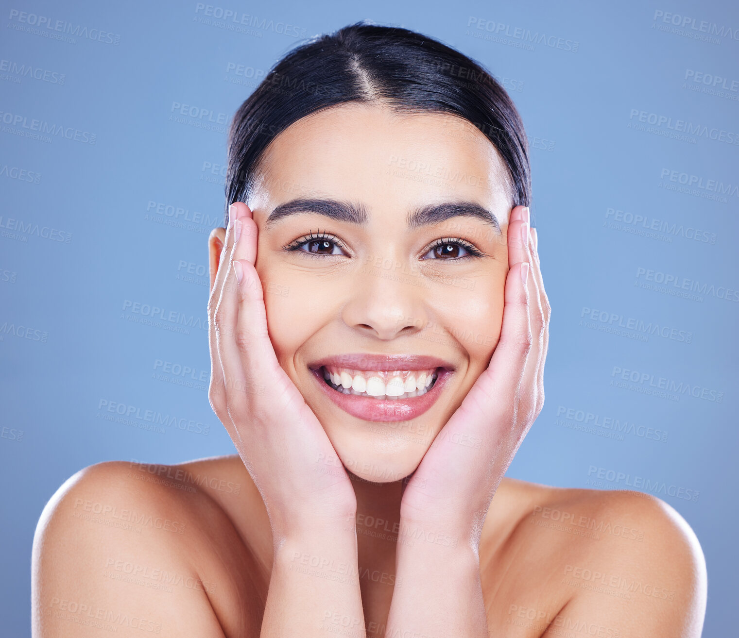 Buy stock photo Portrait, beauty and woman with skincare, smile and wellness on blue studio background. Face, person and model with aesthetic, cosmetics and dermatology with treatment, grooming routine and makeup