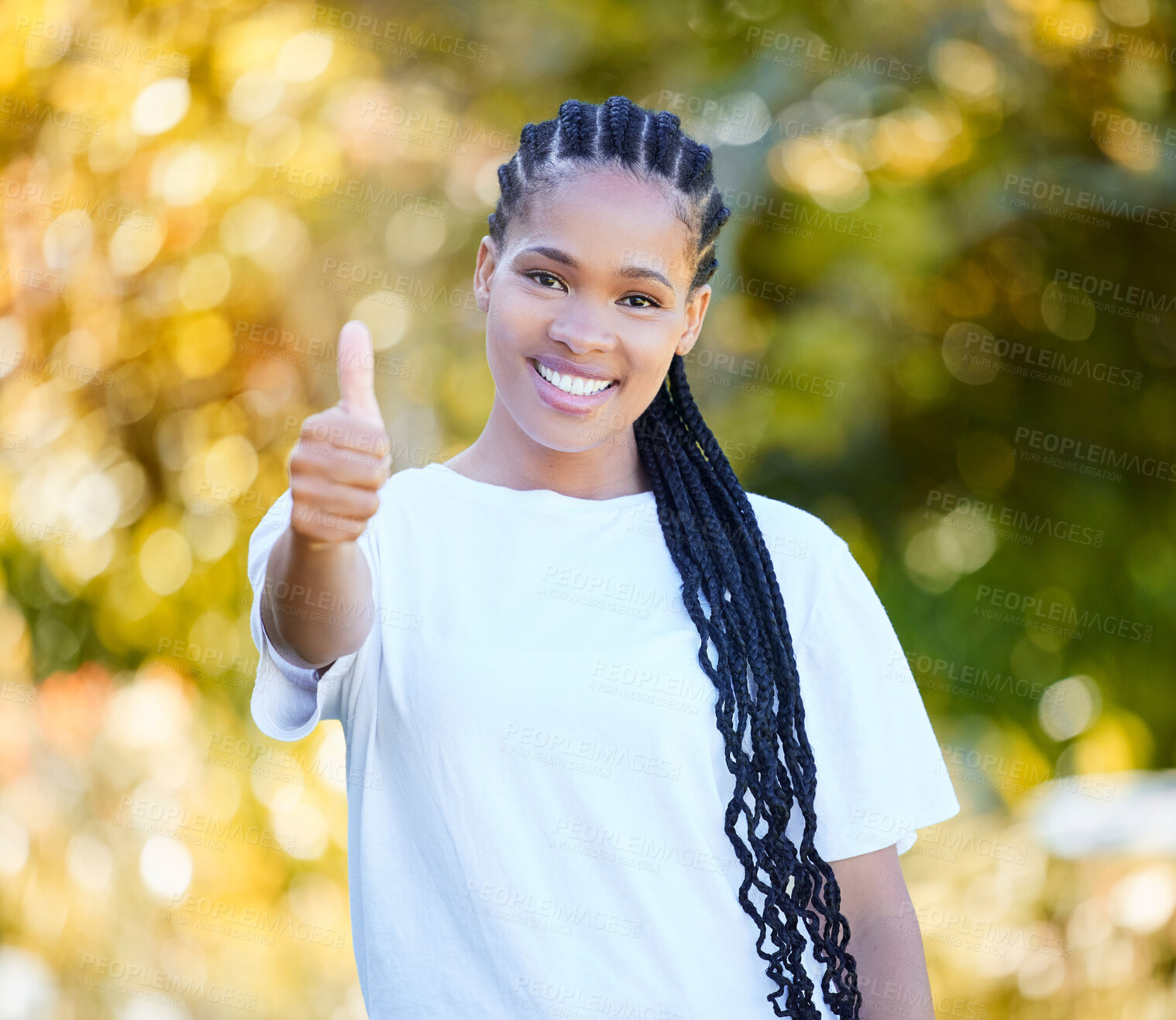 Buy stock photo Portrait, happy and black woman with thumbs up outdoor for thank you, agreement and support of nature . Smile, African person and votes yes, opinion and winner for like of achievement success