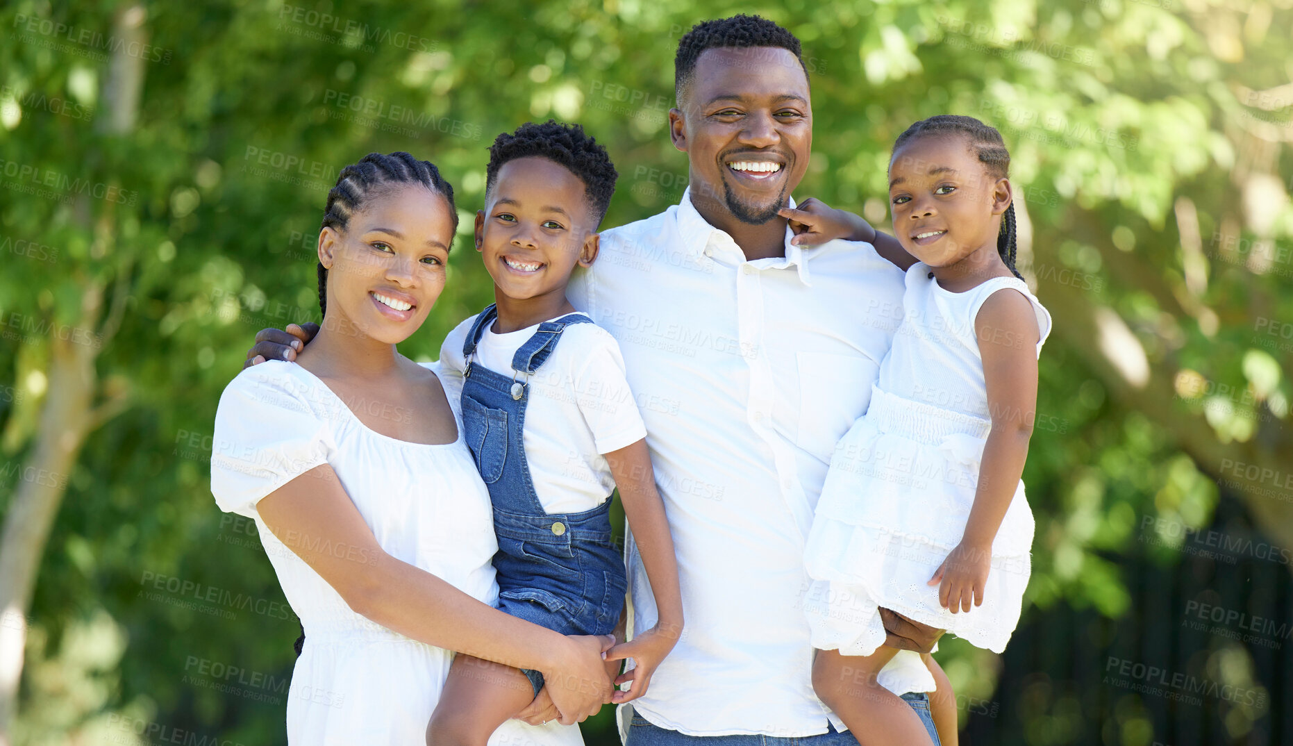 Buy stock photo Black family, portrait and happy in park with love for bonding together, affection and care outdoor. People, parents and kids in nature for summer holiday, security and support in natural environment