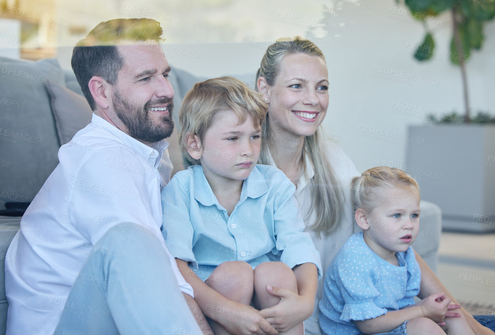 Buy stock photo Smile, watching tv and window with family on floor in living room of home for bonding or streaming. Glass, house or video with parents and sibling children in apartment for television entertainment
