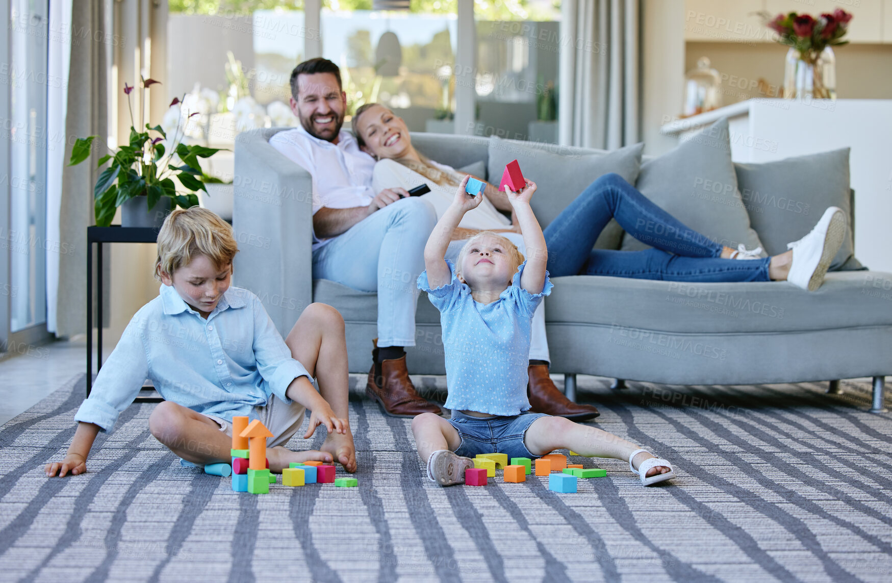 Buy stock photo Building blocks, development or games with brother kids on floor of living room together. Education toys, growth or learning with happy parents and boy children in apartment for motor skills