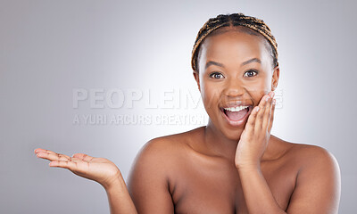 Buy stock photo Black woman, open hand and skincare in studio portrait with space for mockup with smile by white background. Girl, model or person with palm for wow, beauty or natural glow with facial transformation