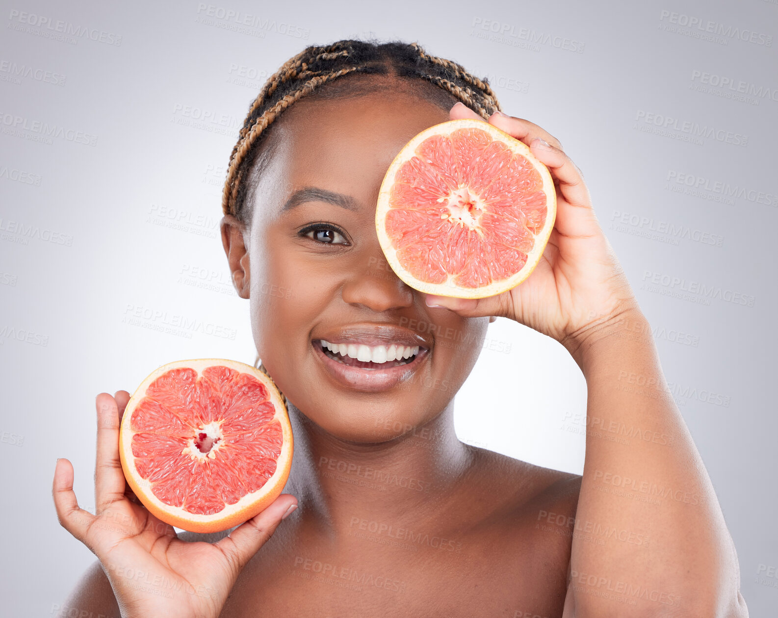 Buy stock photo Beauty, grapefruit and skincare with portrait of black woman in studio for natural, cosmetics or vitamin c. Nutrition, diet and detox with model on grey background for citrus fruit and health product