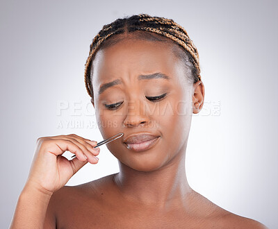 Buy stock photo Black woman, tweezers and beauty in studio for skin, cleaning and dermatology on white background. Female model, skincare and lip epilation for facial, wellness and pcos moustache with hair removal