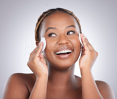 Buy stock photo Smile, studio and black woman with cleaning wipe for natural beauty, healthy skin and luxury cosmetics. Dermatology, skincare and girl with cotton pad, facial care and happy face on white background.